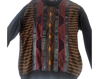 Vintage Pardazzio Black Uomo sweater unique geometric patterns leather accents warm sunset tones 80s 90s