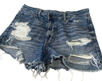 Vintage Style American Eagle Denim Blue Jean Shorts Ripped Holes High Waist