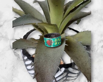 Vintage Wide Sterling Silver Enamel Retro Boho Floral Flower Heart Love Ring Lovers Boho Flower Child Groovy Vine