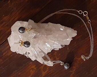 Vintage 14k Yellow Gold And Hematite Sphere Ball Necklace And Earrings Set Dainty