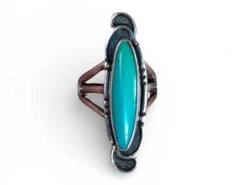 Vintage Sterling Silver and Sleeping Beauty Turquoise Elongated Victorian Ring