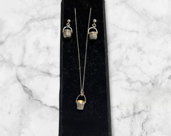 Vintage Adorable Sterling Silver Hanging Basket Necklace And Earring Set
