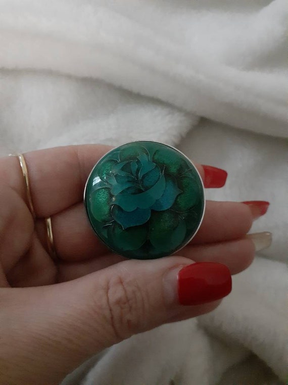 Vintage Green Blue Pendant/Brooch Floral Flower R… - image 4