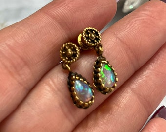 Antique 14k Gold Ethiopian Opal Victorian Dangle Earrings Ornate Art Deco Revival
