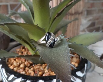 Vintage Sterling Silver Marcasite Onyx Marquise Ring