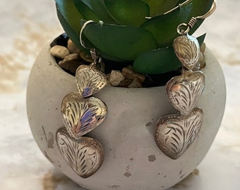 Vintage Sterling Silver And Etched Triple 3 Hearts Drop Hanging Earrings Thin Dainty Lightweight 80s 90s Design Couture
