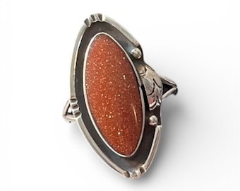 Vintage Goldstone Sterling Silver Marquise Ring: Art Deco Estate Jewelry sparkly cocktail boho Sandstone Goldstone