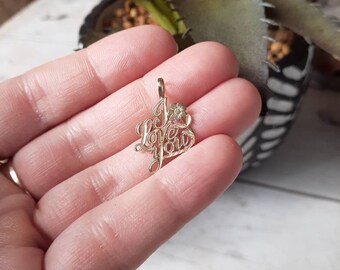 Vintage Yellow Gold Dainty "I Love You" Charm Pendant With Flower Minimalist Gift Present