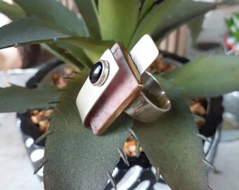 Vintage Sterling Silver, Brass with Pink Rhodonite and Black Onyx Cabachon Statement Cocktail Ring Square Modern Big Chunky Unique Rare