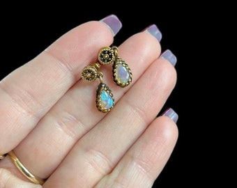 Antique 14k Yellow Gold Ethiopian Fire Opal Dangle Drop Victorian Earrings Bold Colorful Color Changing Multicolor Mid Century
