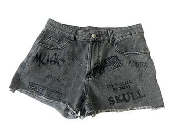 Vintage Style Grunge Punk Letter Graphic Raw Hem Denim Shorts grey wash black text graphics punk heavy metal Shorts