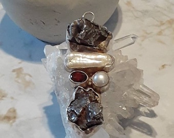 Vintage Sterling Silver Plated Pendant With Cultured Pearls, Red Gemstones, and Crystals