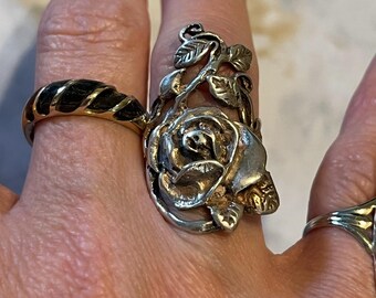 Vintage Sterling Silver and Rose with Vines and Leaves Ring Antique Retro Long Statement