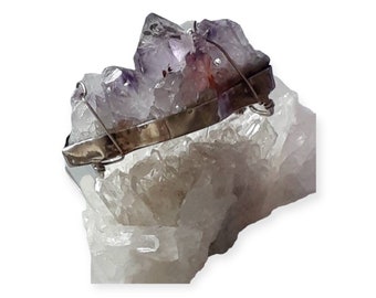 Beautiful Vintage Sterling Silver And Chunk Of Raw Amethyst Quartz Crystal Pendant Charm brooch Slider Purple Rock  Big with Cage Smokey