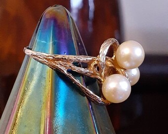 Vintage 14k Yellow Gold Freshwater 3 Pearl Cluster Statement Cocktail Ring Cultured Real Genuine Triple Classy Detailed Nouveau Twigs Size 9