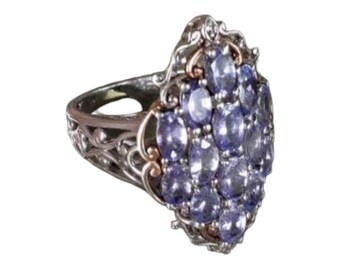 Purple Tanzanite and Sterling Silver Zircon Cluster Marquise Ring