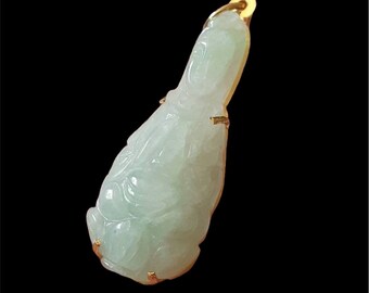 Antique Yellow Gold And Genuine Jadeite 18k Pendant Jade Feng Shui Translucent Light Green White Translucent Vintage Real Authentic Natural