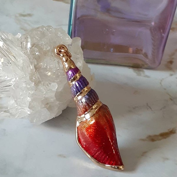 Colorful And Yellow Gold Trimmed Seashell Pendant Big Long Beach Vibes Boho For A Necklace Purple Blue Green Red Orange Whimsical