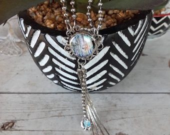 Vintage Y Shaped Silver Toned Colorful Chromatic Glass Drop Necklace Adjustable