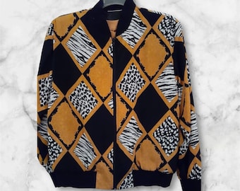 Vintage Mustard and black Diamond Print Cheetah Print And Zebra Patterns Scrool Design Jacket and Blouse Set 80s Era Top Animal Teddi Brand