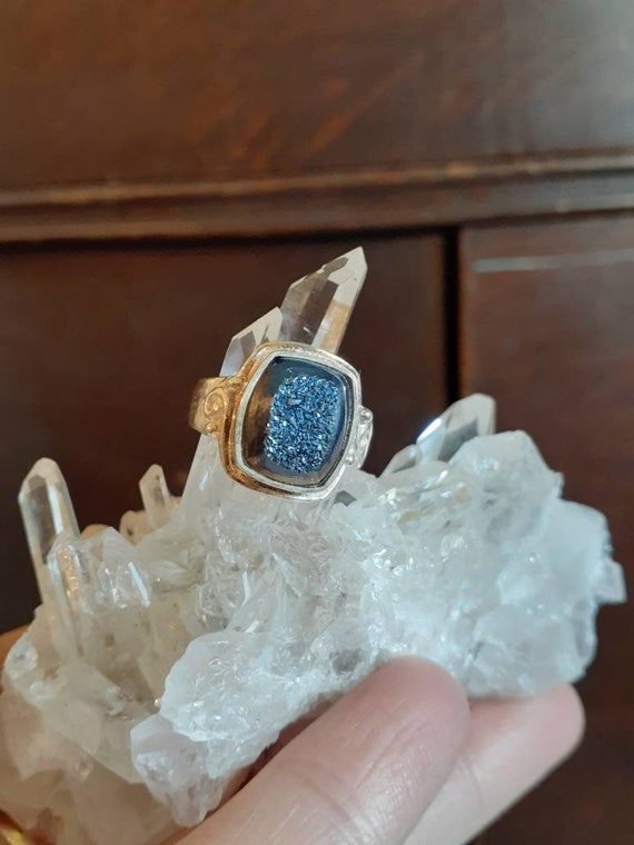 Vintage Sterling Silver And Blue Geode Druzy Ring… - image 9