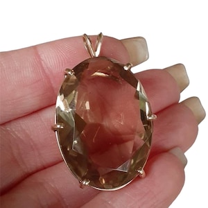 HUGE Vintage Yellow Gold Smokey Topaz Pendant 14k Round Oval Large Antique Quartz Light Colored Yellow Faceted Bold Gift Mesmerizing