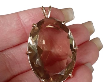 HUGE Vintage Yellow Gold Smokey Topaz Pendant 14k Round Oval Large Antique Quartz Light Colored Yellow Faceted Bold Gift Mesmerizing