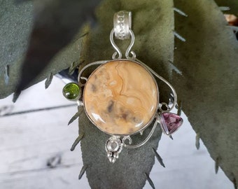 Vintage Sterling Silver Yellow Butterscotch Mexican Crazy Lace Agate, Peridot, and Pink Genuine Gemstone Pendant