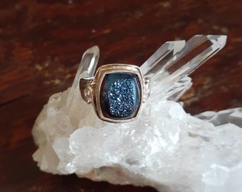 Vintage Sterling Silver And Blue Geode Druzy Ring Magical Crystal Gemstone Raw Rock Swirl Design Iridescent Shimmer Dark Square Sajer