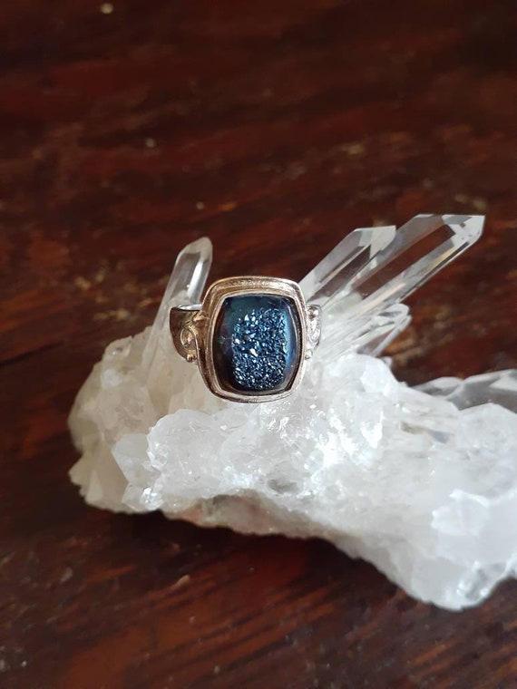 Vintage Sterling Silver And Blue Geode Druzy Ring… - image 1