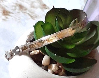 Vintage Sterling Silver Heringbone Flat Bracelet With Yellow Gold Elephants Unisex Reversible Tri Color Two Toned