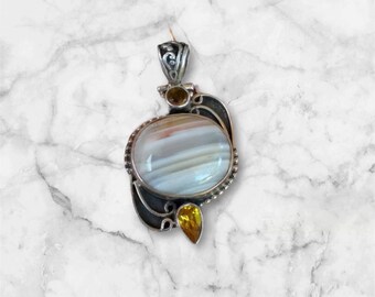 Vintage Sterling Silver Orange, Grey and White Lace Agate Pendant with Citrine Gemstones Colorful