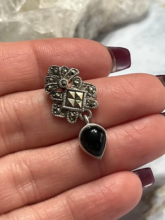 Vintage Sterling Silver Marcasite And Onyx Drop P… - image 4