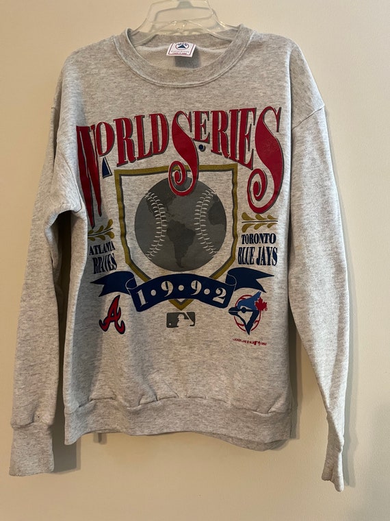 Vintage 1992 Toronto Blue Jays National League Grey Atlanta Braves  Sweatshirt Size Adult Large Gray Baseball Game Long Sleeves World Series