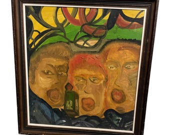 Antique 1900s Abstract Original Oil Painting 3 Men Colorful Unique Rare Collector Art