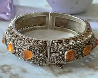 Antique Wide Scrolled Etched Out Open Design Wide Sterling Silver Hinged bracelet With Citrine Crystal Gemstone Floral Magical Celestial Raw