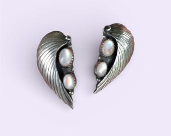 Vintage Sterling Silver Moonstone Angel Wing Earrings! Antique Art Deco Boho Rainbow Irridescent