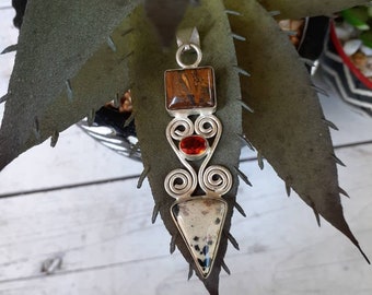 Vintage Sterling Silver Dalmatian Jasper Gemstone and Brown Jasper Pendant Multiple Stones Boho Groovy