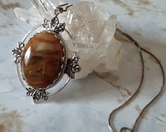 Vintage Sterling Silver And Brown Earthy Gemstone Round Oval Big Pendant Necklace Box Chain Leaves boho hippie flower child
