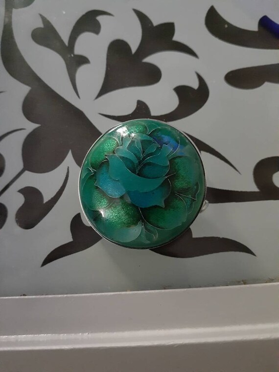 Vintage Green Blue Pendant/Brooch Floral Flower R… - image 1