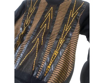 Vintage Pardazzio Black Uomo sweater unique geometric patterns leather accents warm yellow and tan tones 80s 90s