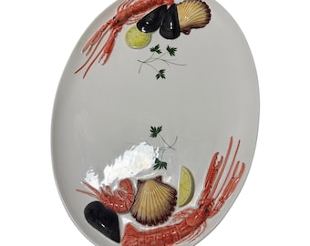 Vintage Italian Hand Painted Ceramic Serving Platter Seafood Coastal Tray Lobster