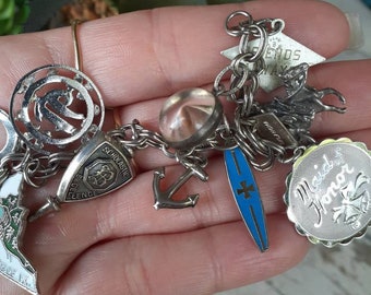 Vintage Sterling Silver Charm Bracelet VA 1967 Surfboard Mustard Seed 1968 Ina Anchor Heart Horseshoe Cross