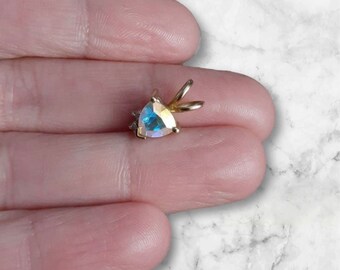 Vintage 10k Yellow Gold And Iridescent Gemstone Pendant With 2 Diamonds Colorful Minimalist Dainty Whimsical