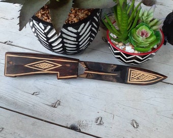Rare Vintage Etched Carved African Wood Knife From Uganda Vintage