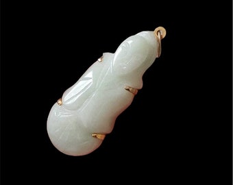 Vintage Jadeite And 18k Yellow Gold Pendant Etched Detailed Figure Charm Genuine Light Green White Jade Stone Carved Face Real Natural Class