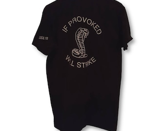 Vintage Black United Steel Workers Of America Tshirt Black And white Cobra Snake On Back "If Provoked Will Strike" Size Large Adult Unisex