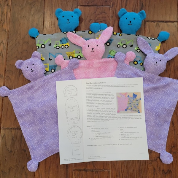 Bear and Bunny Lovey for Baby Comfort PDF Sewing Pattern Designed with Flannel