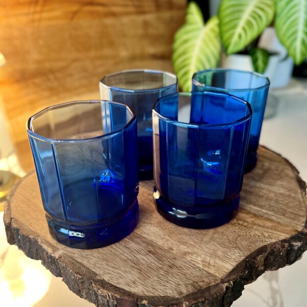 Juego de 4 vasos Old Fashioned Essex azul cobalto de Anchor Hocking VINTAGE