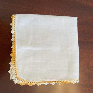 Linen Handkerchief with Yellow Crocheted Edging